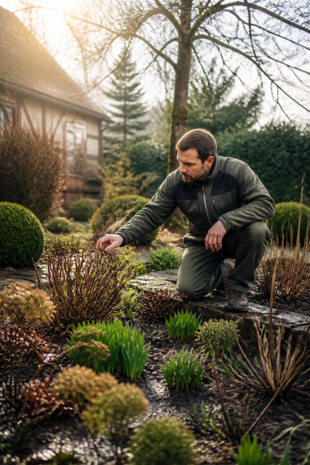 Jardinier professionnel inspectant un jardin alsacien en fin d’hiver, sol humide, branches mortes et massifs prêts à renaître, lumière douce.
