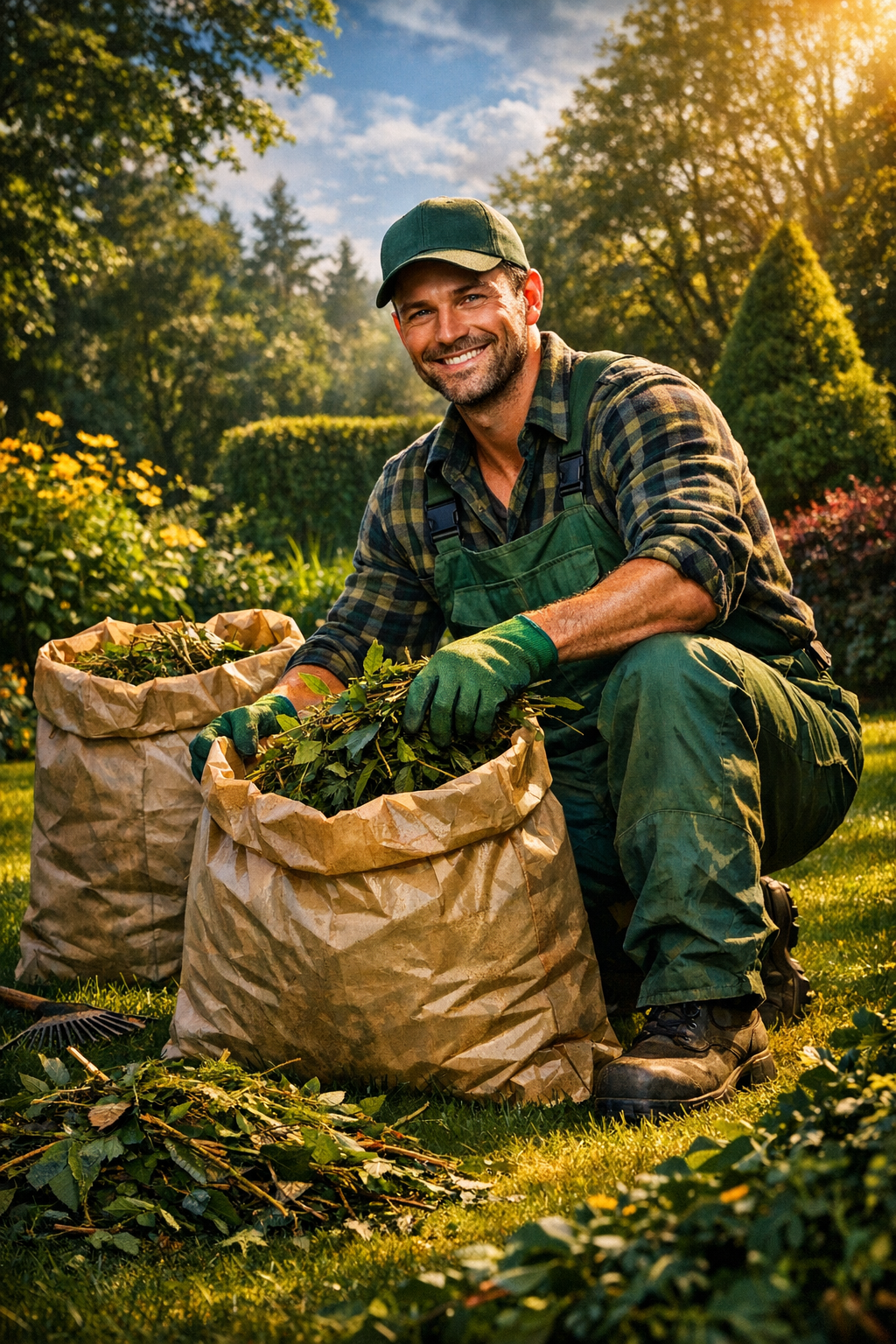Un jardinier souriant, équipé de sacs biodégradables, collecte des déchets verts dans un jardin bien entretenu, entouré de verdure éclatante.