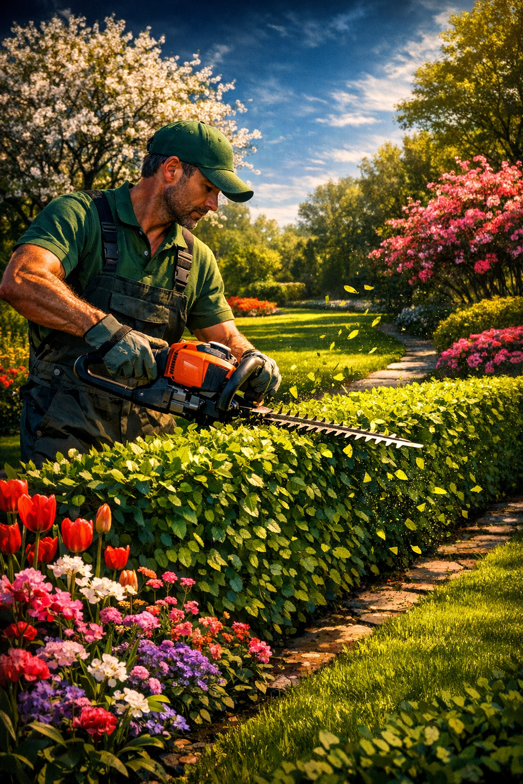Un jardinier taillant une haie luxuriante au printemps, entouré de pelouses bien entretenues et de massifs fleuris, illustrant l'entretien de jardin.